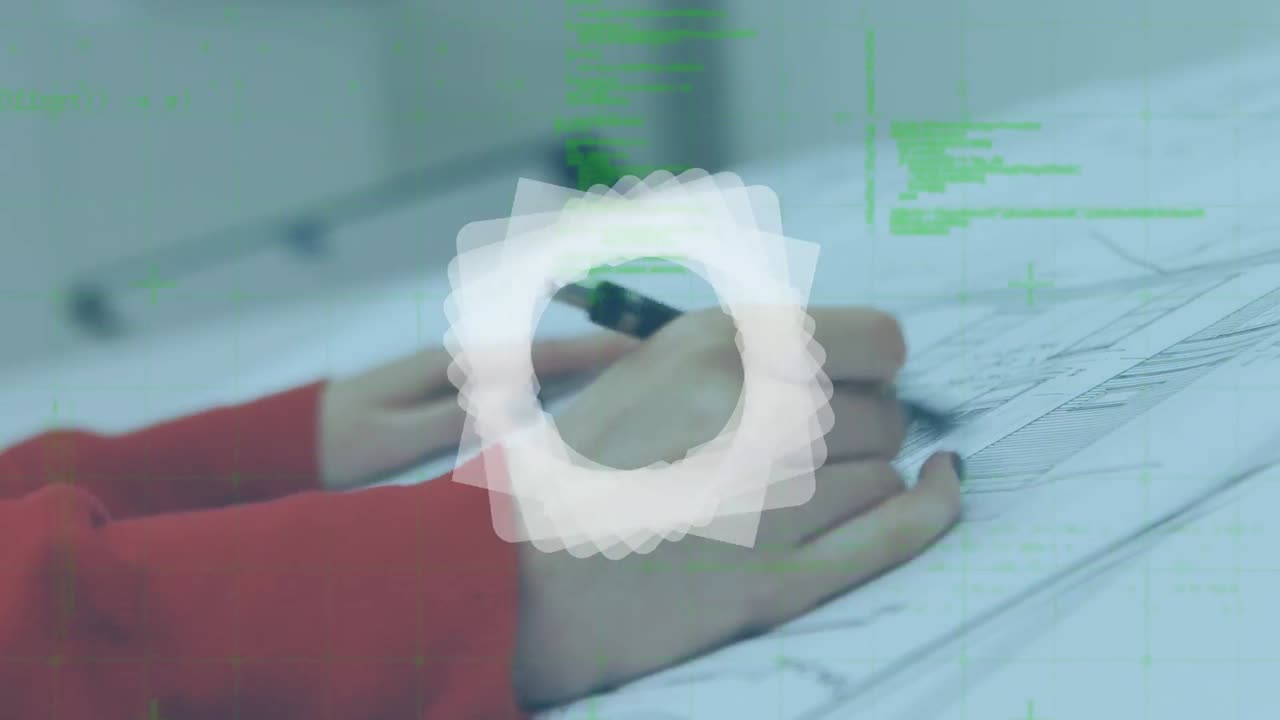 animación de formas blancas y procesamiento de datos sobre dibujo de una mujer de negocios caucásica