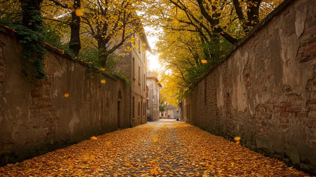A Serene Autumn Pathway Adorned with Golden Leaves, Capturing the Tranquility of Fall Amidst Charming Architecture and Soft Natural Light