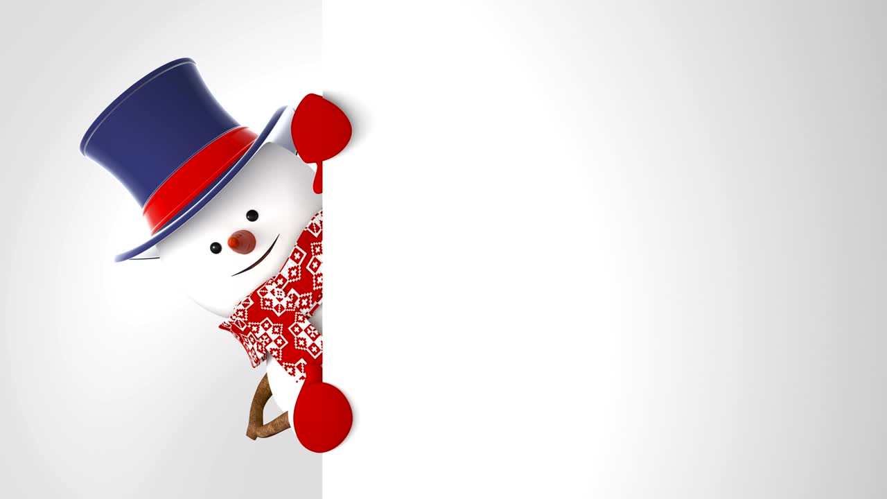 색 배경에 실린더 모자를 입은 멋진 웃긴 스노우맨 인사. 3d 만화 애니메이션 녹색 스크린 알파 마스크. 애니메이션 인사 카드. 새해 컨셉. 마지막 프레임 루프