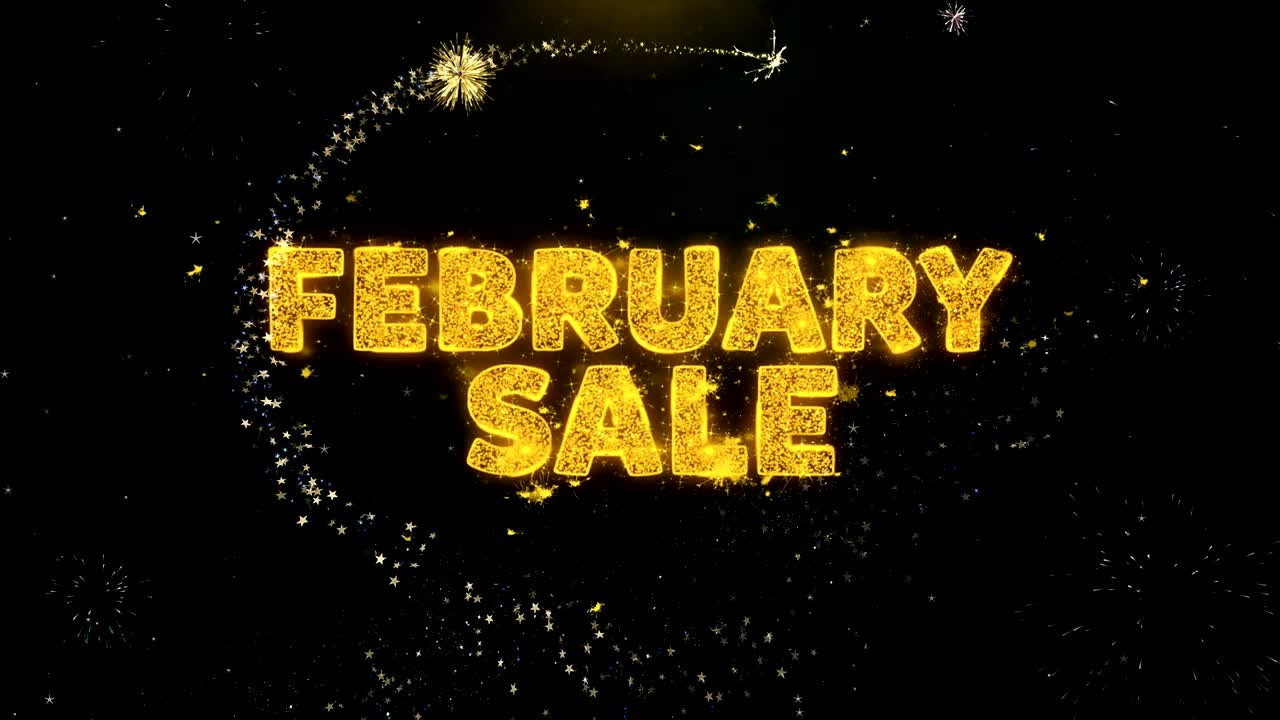 texto de venta de febrero en la exhibición de fuegos artificiales de partículas de oro.