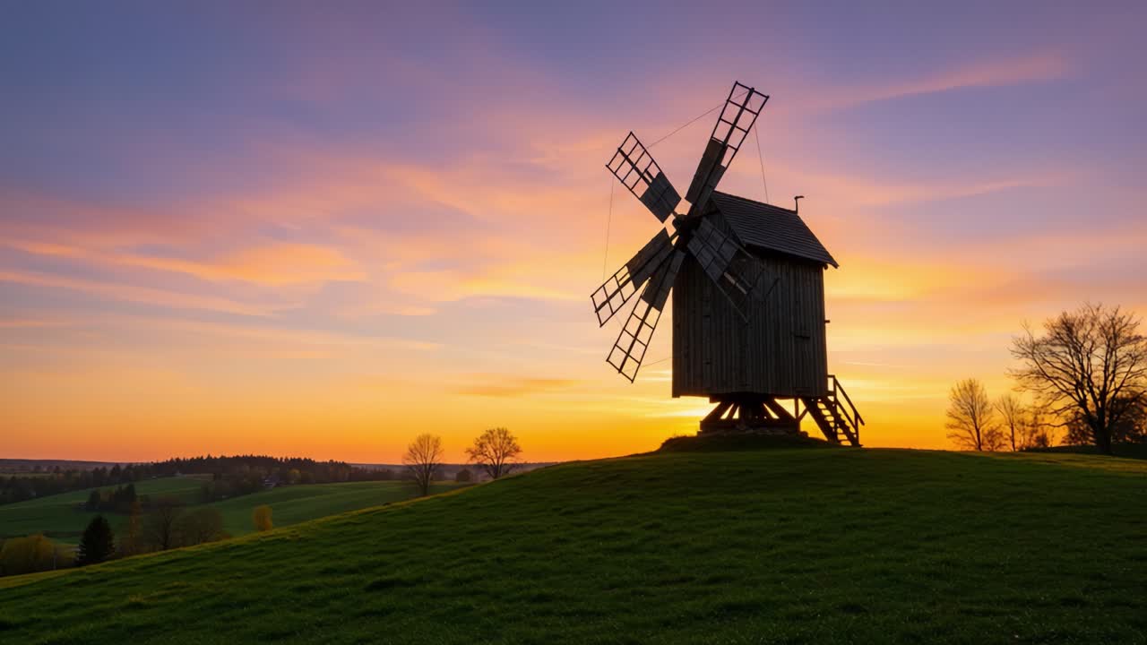 Captivating Silhouette of a Traditional Windmill Against a Vibrant Sunset Sky, Highlighting Nature's Beauty and Tranquil Scenery in the Evening Light