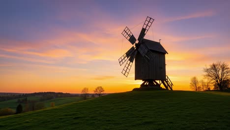 captivating silhouette of a traditional windmill against a vibrant sunset sky, highlighting nature's beauty and tranquil scenery in the evening light