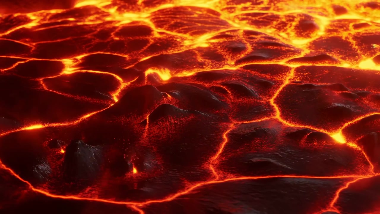 Superficie di lava fusa incandescente con crepe infuocate, primo piano cinematografico di flusso vulcanico e pozze incandescenti