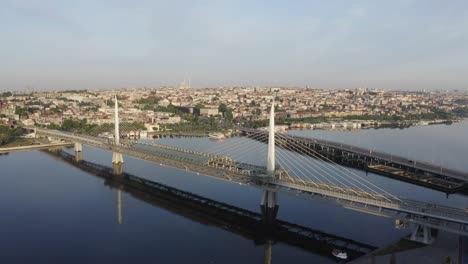 aerial view of golden horn metro bridge and mosque.4k footage in turkey