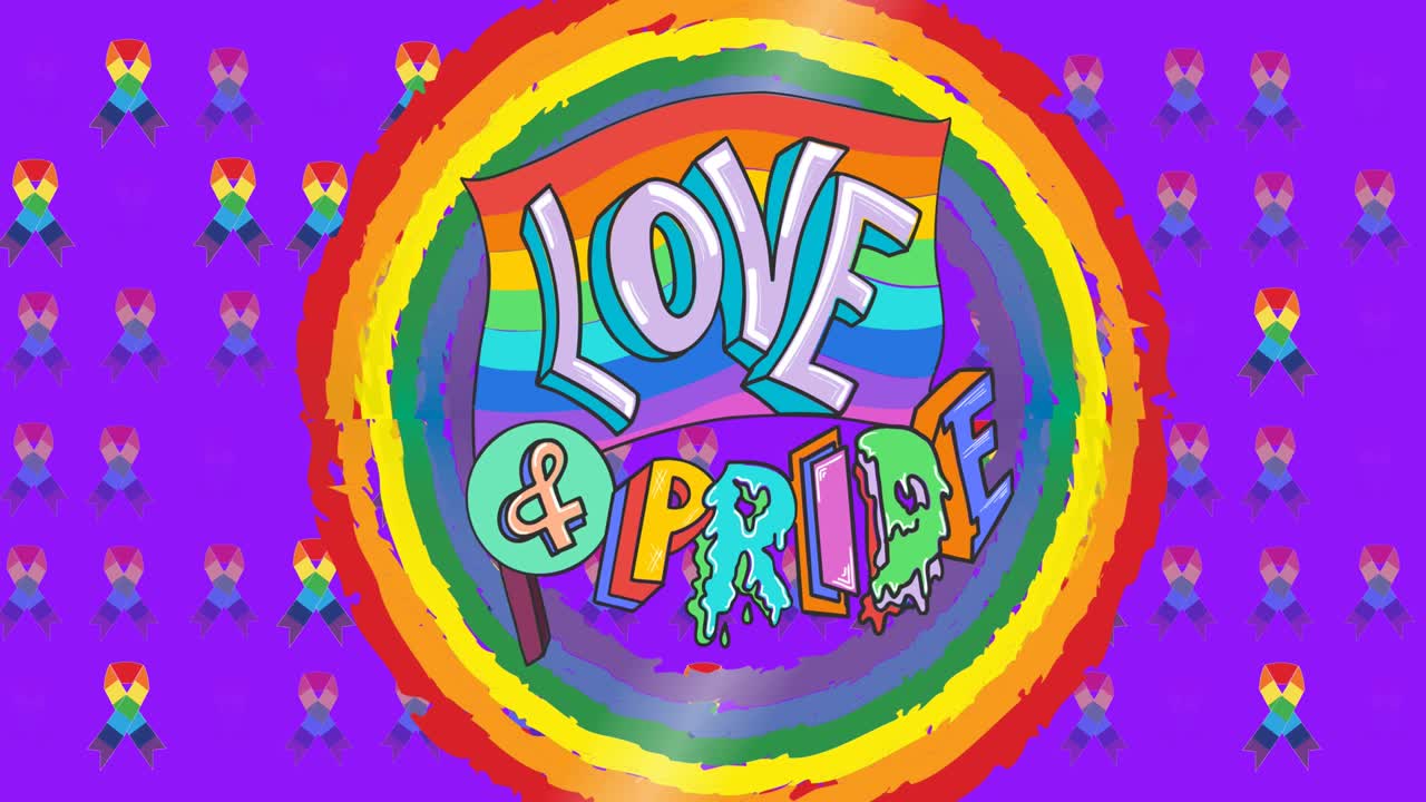 무지개 원의 애니메이션과 리본으로 보라색 텍스처에 대한 사랑과 자부심