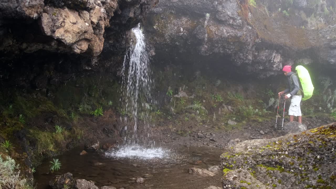 los excursionistas caminan con mochilas y palos de senderismo mientras caminan por el monte kilimanjaro más allá de las cataratas