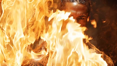 A man with tattoos on his arms stands in front of a fire. The fire is orange and yellow, and it seems to be engulfing the man. The man's body is covered in tattoos, and he has a muscular build