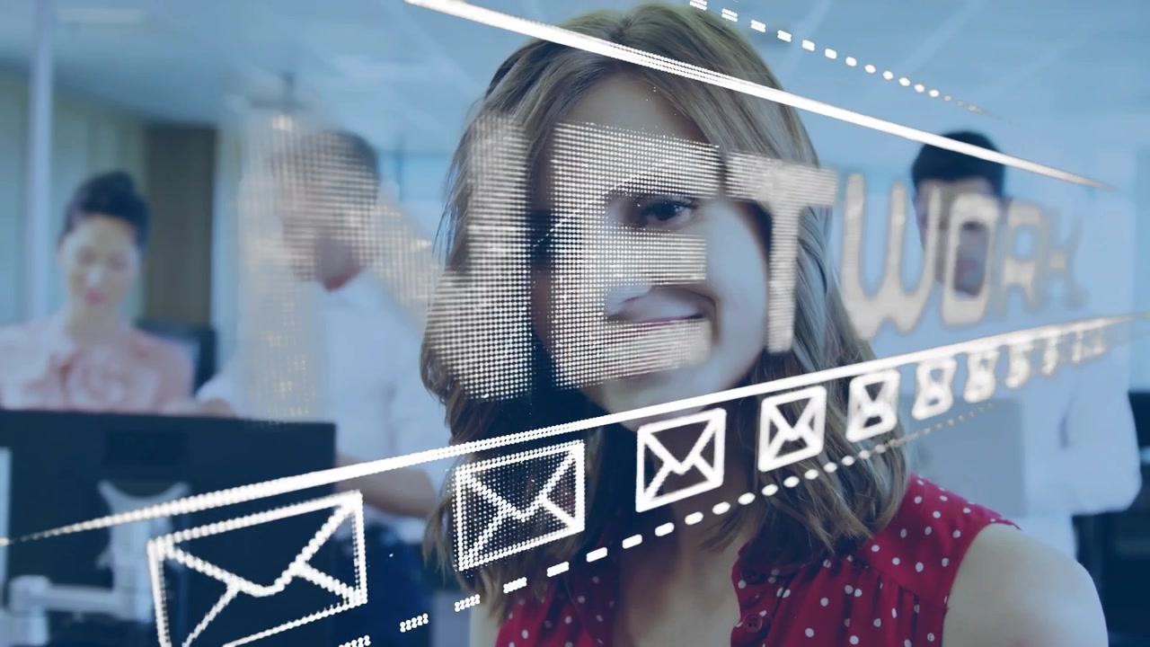 Woman tapping tablet starting SOC to NETWORK becoming mail sliding obscuring face showing messaging