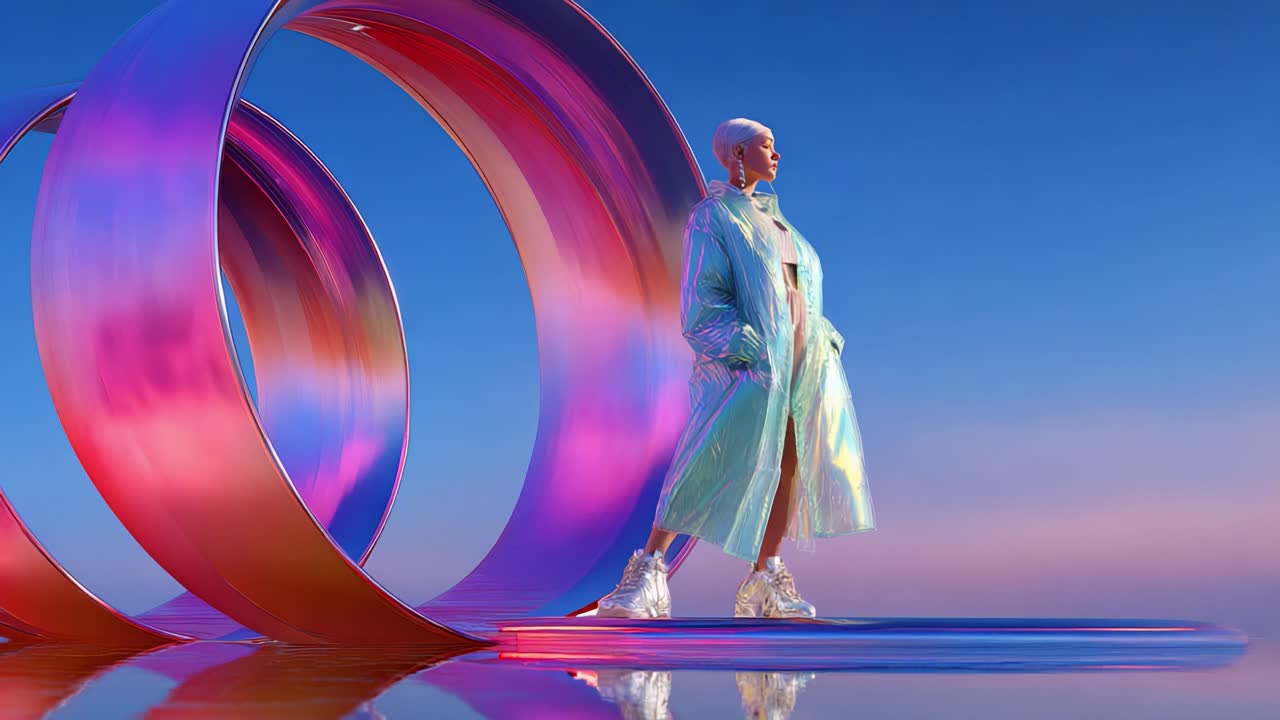A Futuristic Exploration of Style: A Unique Model Walks Through Translucent, Colored Rings in a Surreal Landscape at Sunset, Showcasing Innovative Fashion and Artistry with a Vibrant Visual Aesthetic