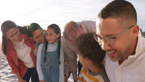 beach, children and happy family together