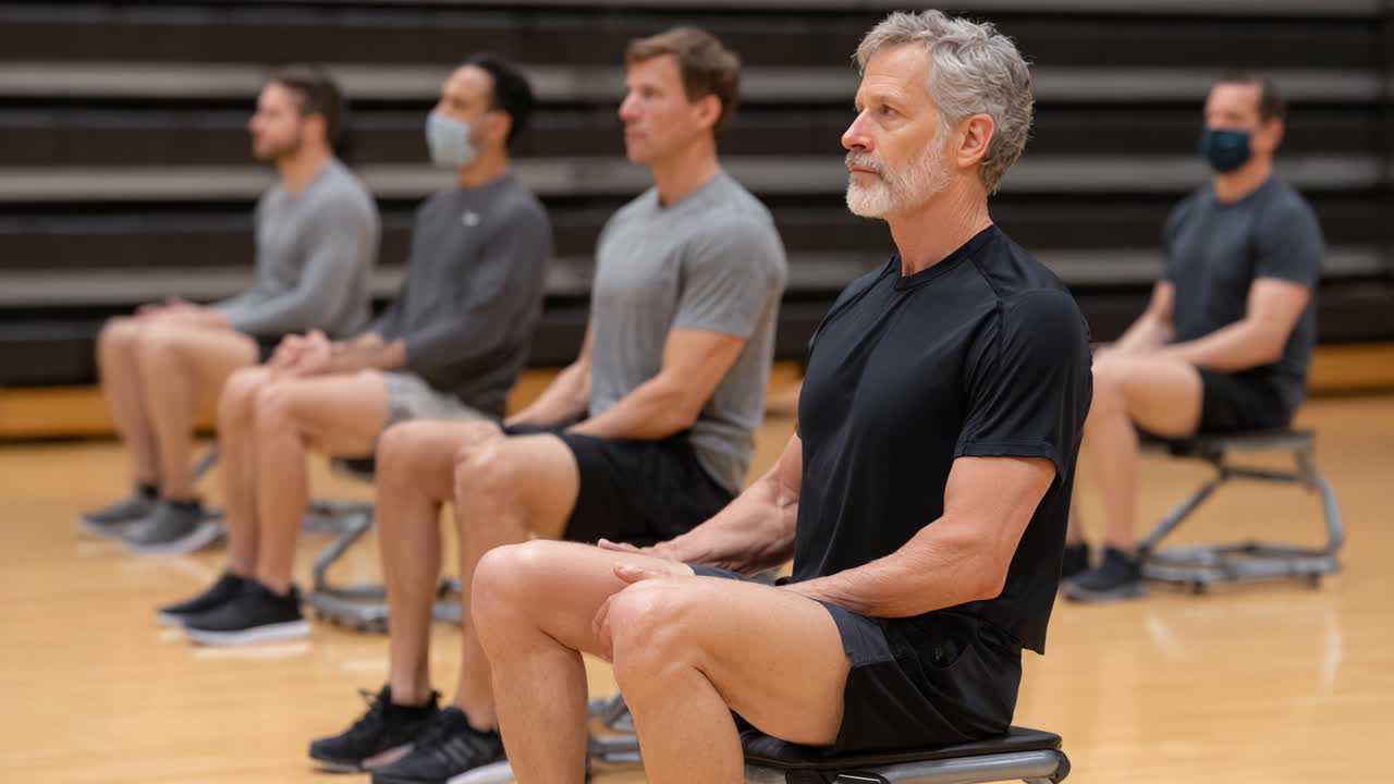 A Group of Men Engaged in Focused Meditation or Mindfulness Practice While Seated on Chairs as Part of a Wellness or Fitness Class in a Gym Environment