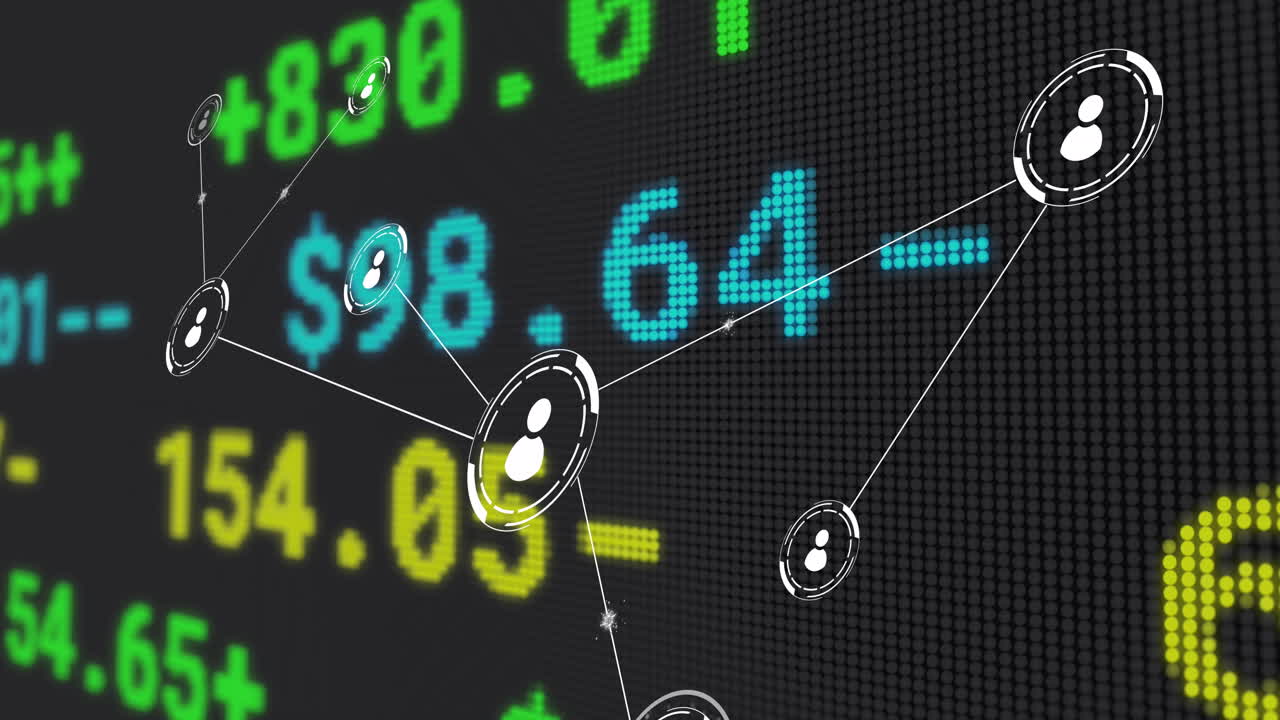 주식 시장에 대한 아이콘과 연결 네트워크의 애니메이션