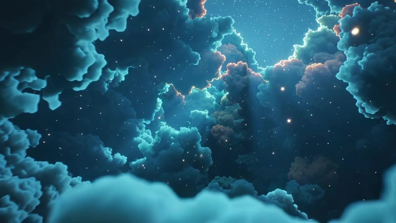 Gliding teal and pink clouds shifting inward as camera flythrough begins in nebula, rim-lit sparks