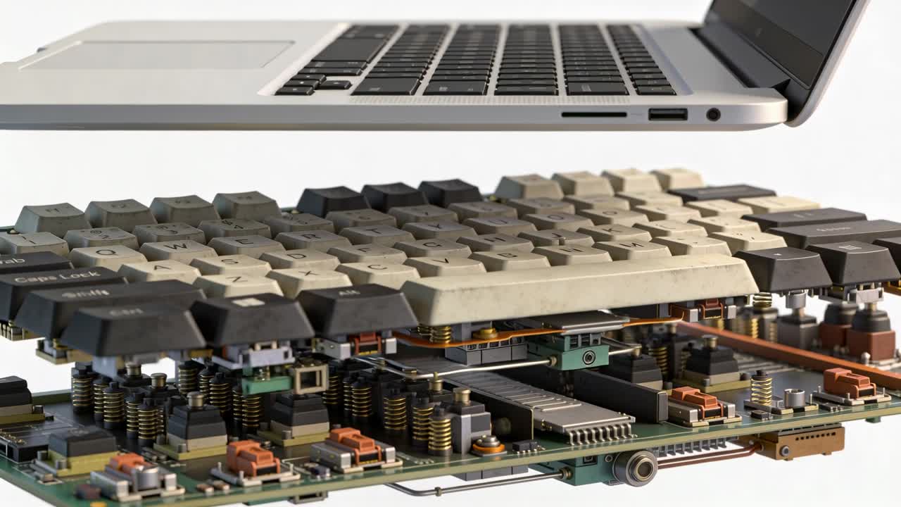 Eine Tastaturbaugruppe hebt sich, trennt sich vom Laptopgehäuse und enthüllt Leiterplattenschichten für technische Einblicke.