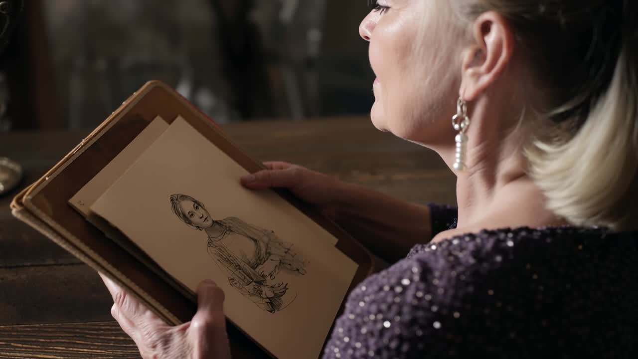 Vertikal video: Kvinde løfter mappe og betragter skitse, hvilket fremkalder animerede etiketter til kunststudie.