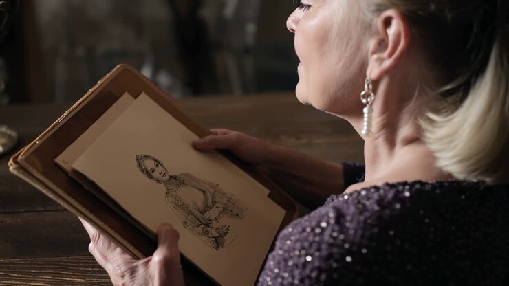 Vertikales Video: Eine Frau hebt eine Mappe an und betrachtet eine Skizze, wobei animierte Beschriftungen für das Kunststudium erscheinen.