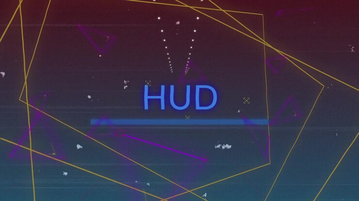 Opening HUD animation with drifting particles, wireframe splitting line blue bar sliding HUD fading