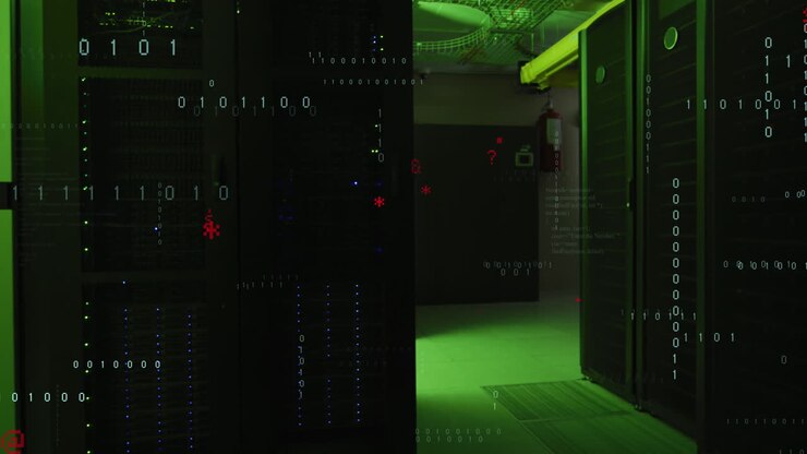 Animation of symbols and binary coding data processing against computer server room