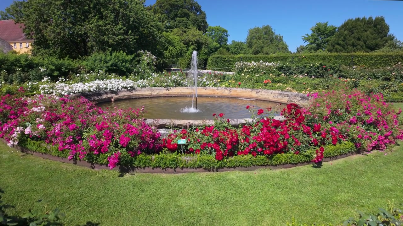 Giardino formale soleggiato con una fontana, aiuole colorate e prato verde in un ambiente di parco.