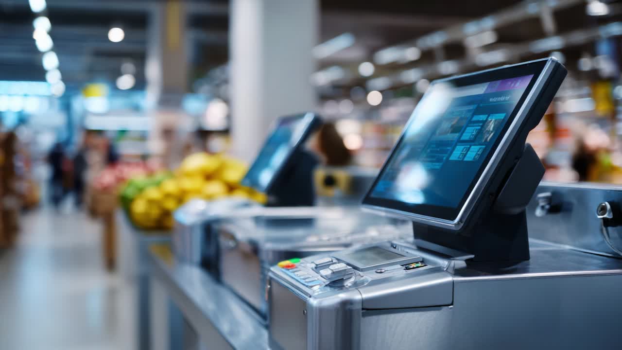 Modern Checkout System in Retail Environment: A Close-Up Look at Self-Service Kiosks with Touchscreen Displays and Fresh Produce in the Background of a Brightly Lit Store