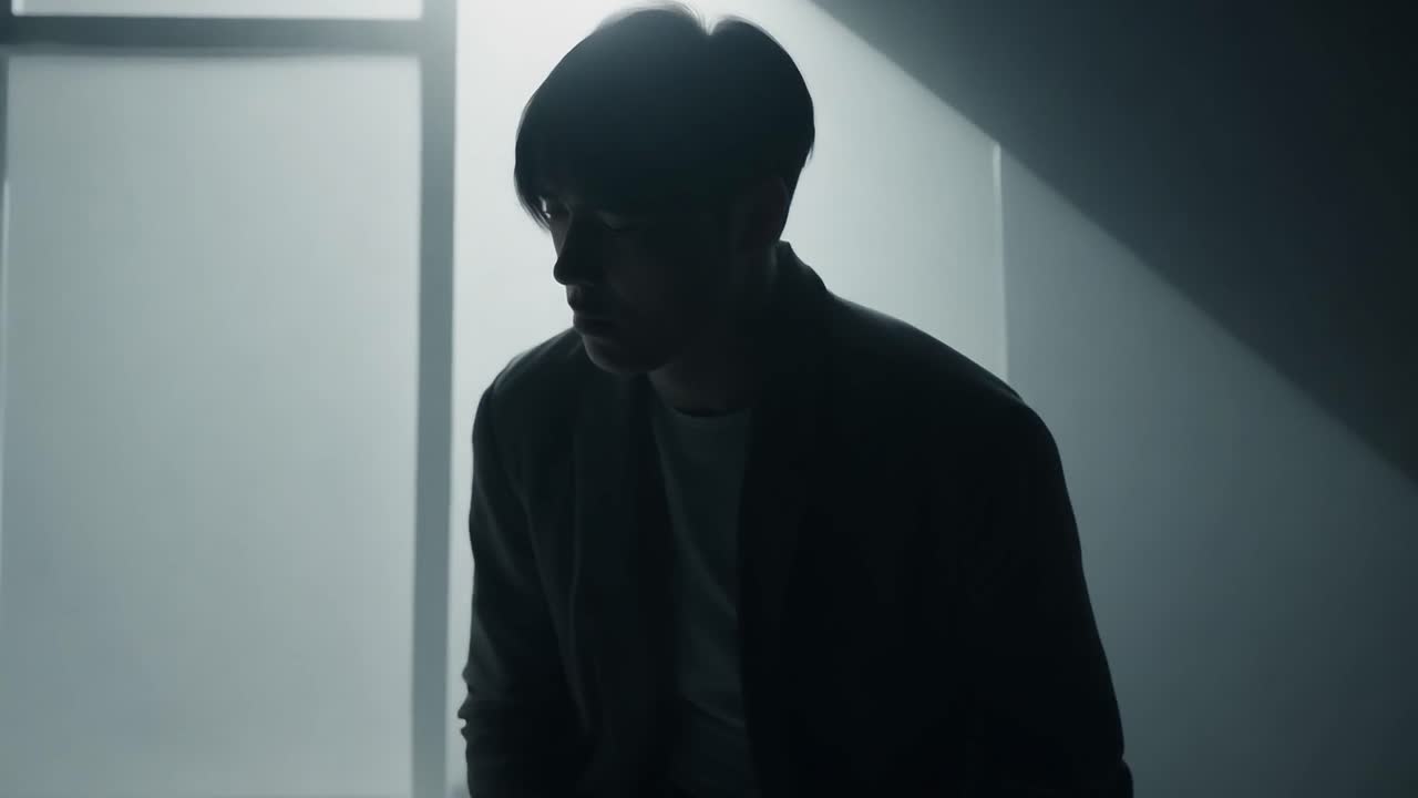 어두운 방에서 침대에 앉아 있는 남자