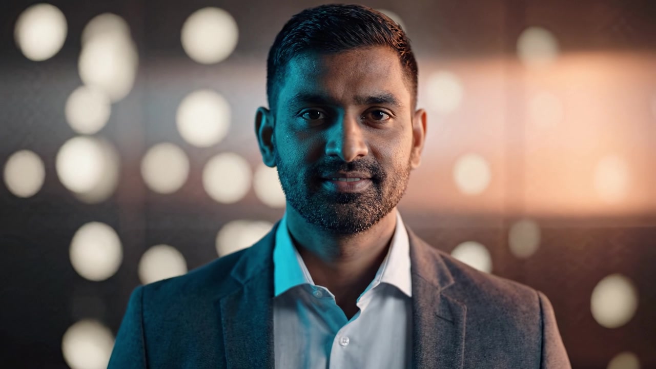 A poised gentleman dressed in a tailored suit exudes confidence and charm against a backdrop of soft, glowing lights that add an artistic flair to the moment.