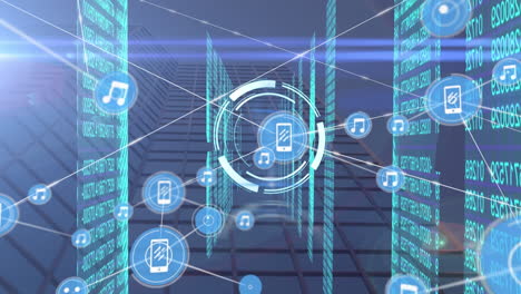 animación de la red de conexión con iconos sobre el procesamiento de datos