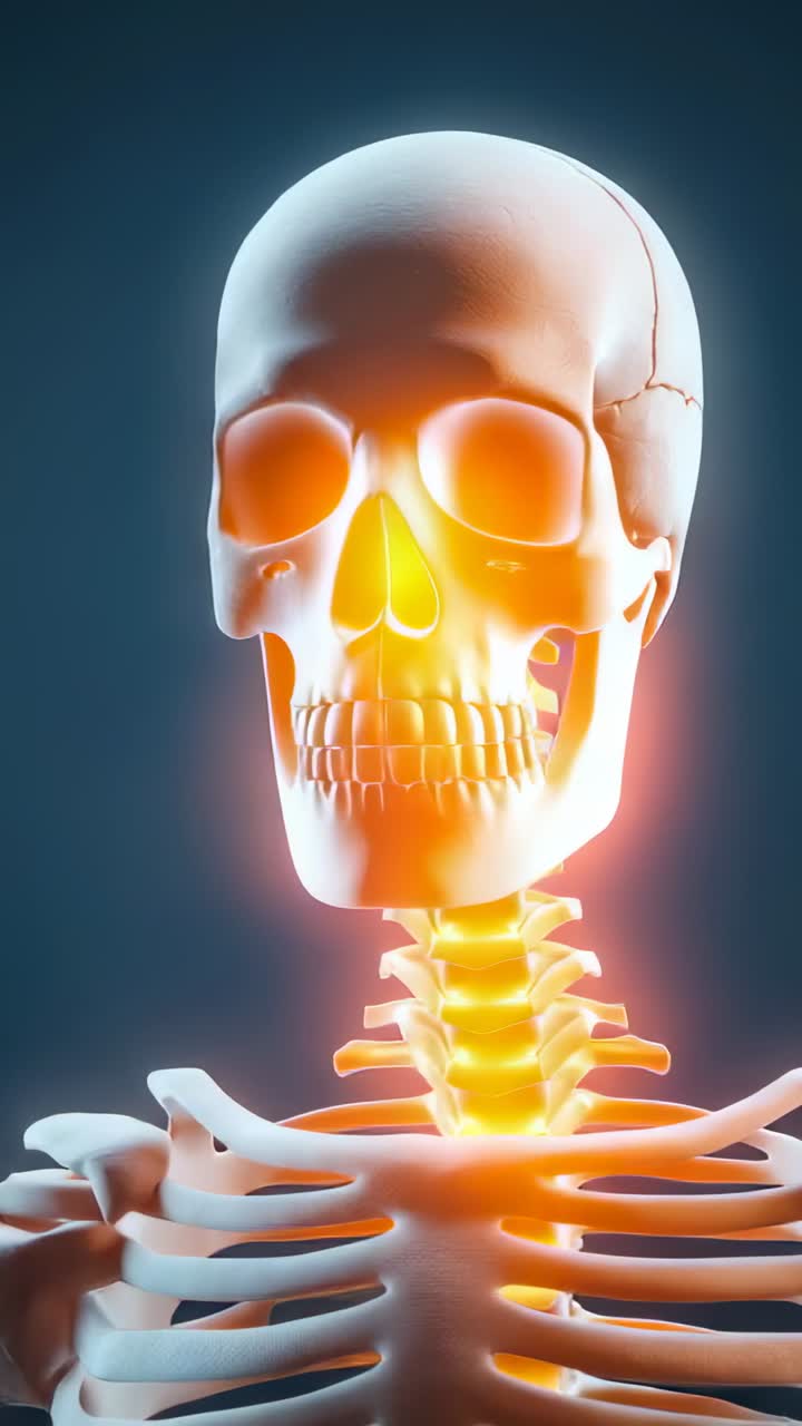 Vertical video: Animation starting 3D skull and spine rotating in studio showing glowing anatomy