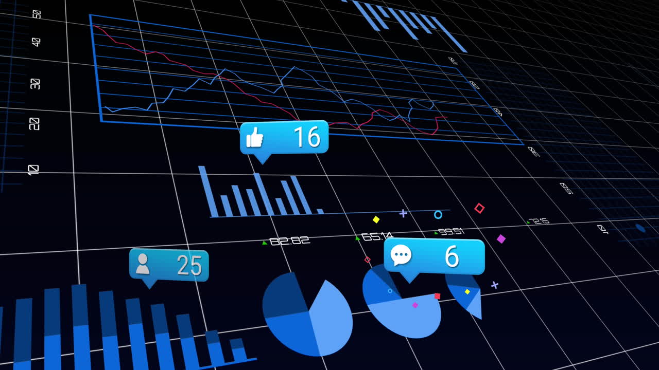Animation of social media icons and statistical data processing against black background