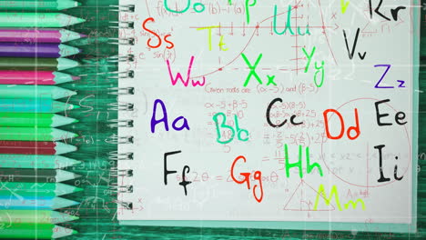 animation of moving mathematical formulas and letters over crayons and notebook