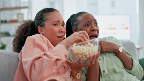 Women-friends,-watching-tv-and-fear-with-popcorn