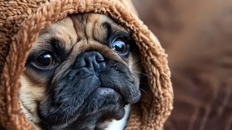 Um cachorro pequeno enrolado em um cobertor marrom