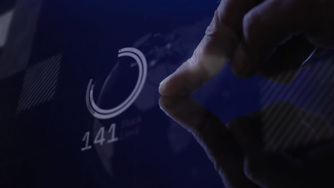 Interacting with animation, finger touching digital interface showing progress at 142