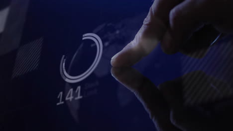 Interacting with animation, finger touching digital interface showing progress at 142
