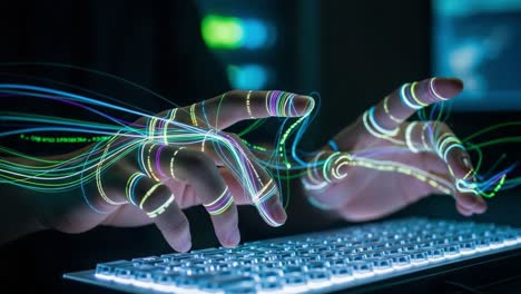 futuristic hands typing on a keyboard with vibrant light trails, symbolizing the fusion of technology and human interaction in a digital age