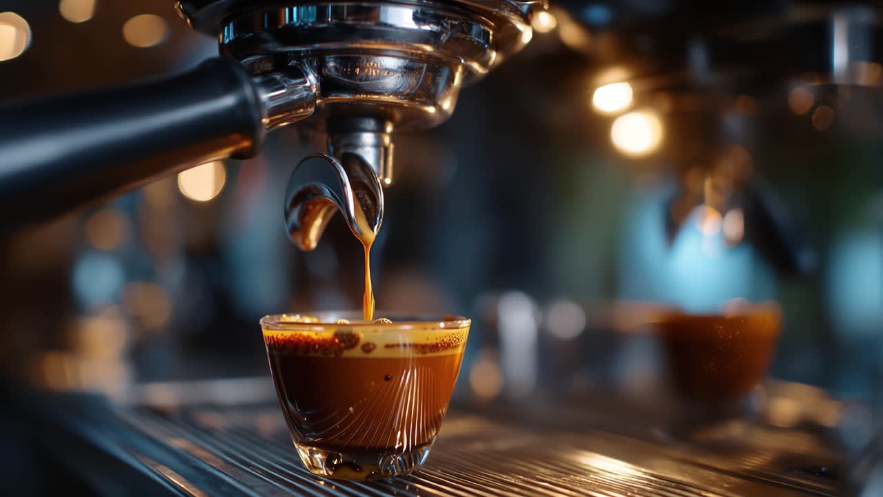 Warm espresso drips into a clear glass. Golden liquid cascades from polished machine. Metal surfaces gleam under soft lighting. Barista's artistry captured in slow motion. Ideal for cafe, coffee