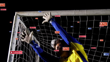 animation of multiple notification bars over biracial goalkeeper failing to stop goal