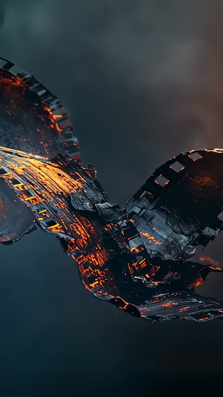 Vertical video: Heat pulsing ribbon undulating in smoky void, revealing perforated edges and embers