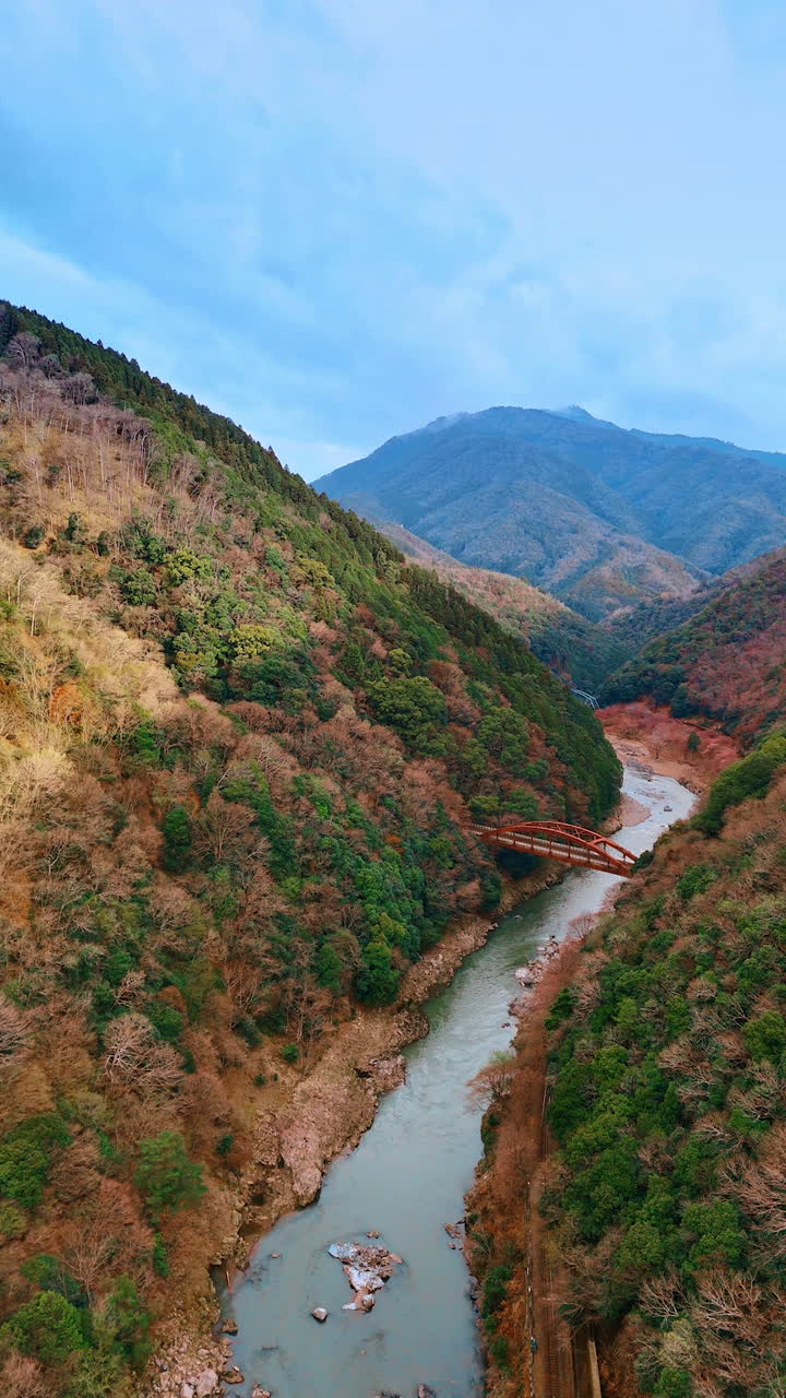 Flight over the river with a bridge above it. Splendid rocks under the cloudy sky. Kyoto, Japan. Vertical video.