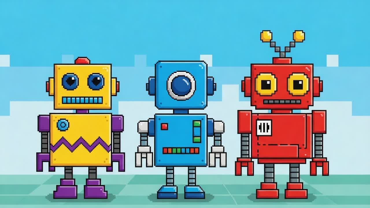 A Colorful Collection of Retro Robots: Exploring the Charm and Creativity of Vintage Robot Designs in a Playful Animated Environment