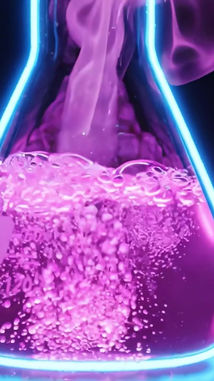 Um Experimento Colorido: Transições Vívidas de Fluidos num Balão de Químico Capturadas com Destaques Neon e Movimento Dinâmico