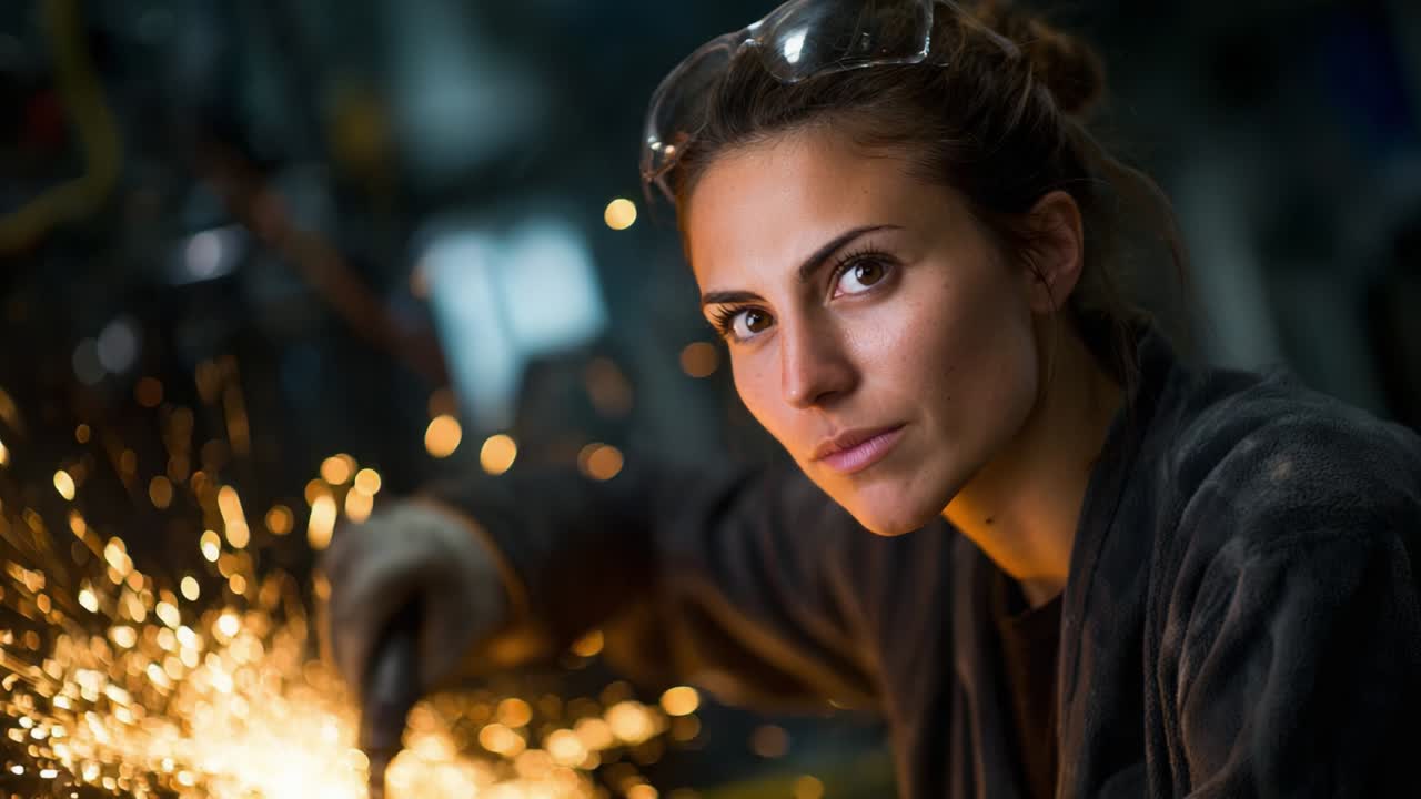 A determined female welder focuses on her craft, expertly creating sparks in a workshop setting. Her concentration highlights the fusion of skill and artistry in the welding process, embodying strength and resilience