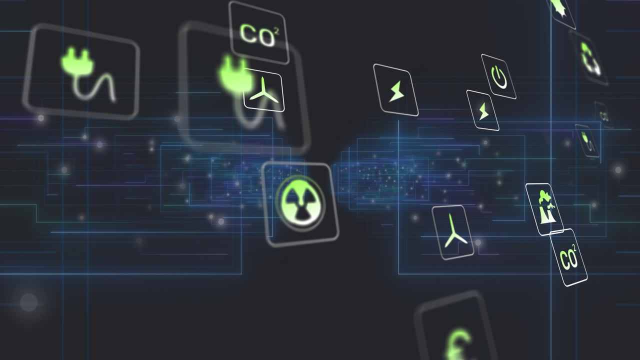 Energy and emissions icons being animated on holographic panels in digital network, with neon glow
