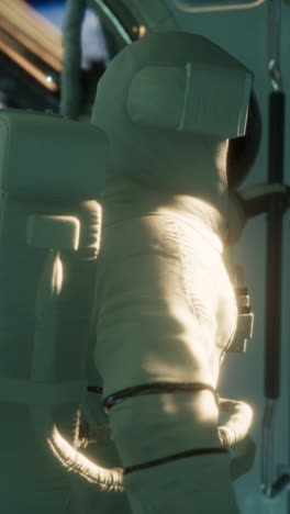 astronaut in spacesuit looking out of spacecraft window