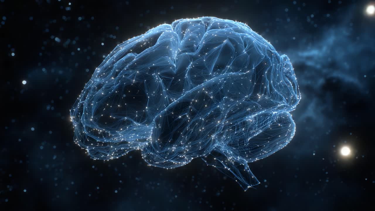Exploring the Mysteries of the Mind: A Stunning Visualization of a Brain in a Cosmic Landscape Enhanced with Glowing Neural Connections and Star-Like Particles