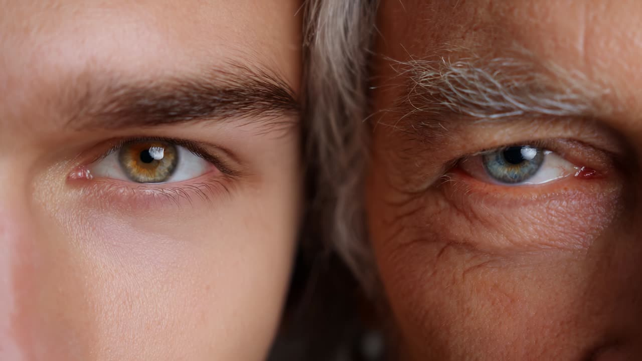 A Close-Up Reflection on Generational Connections: A Young Man and an Elderly Individual Demonstrating the Unique Bond Between Different Ages Through Their Distinctive Eyes