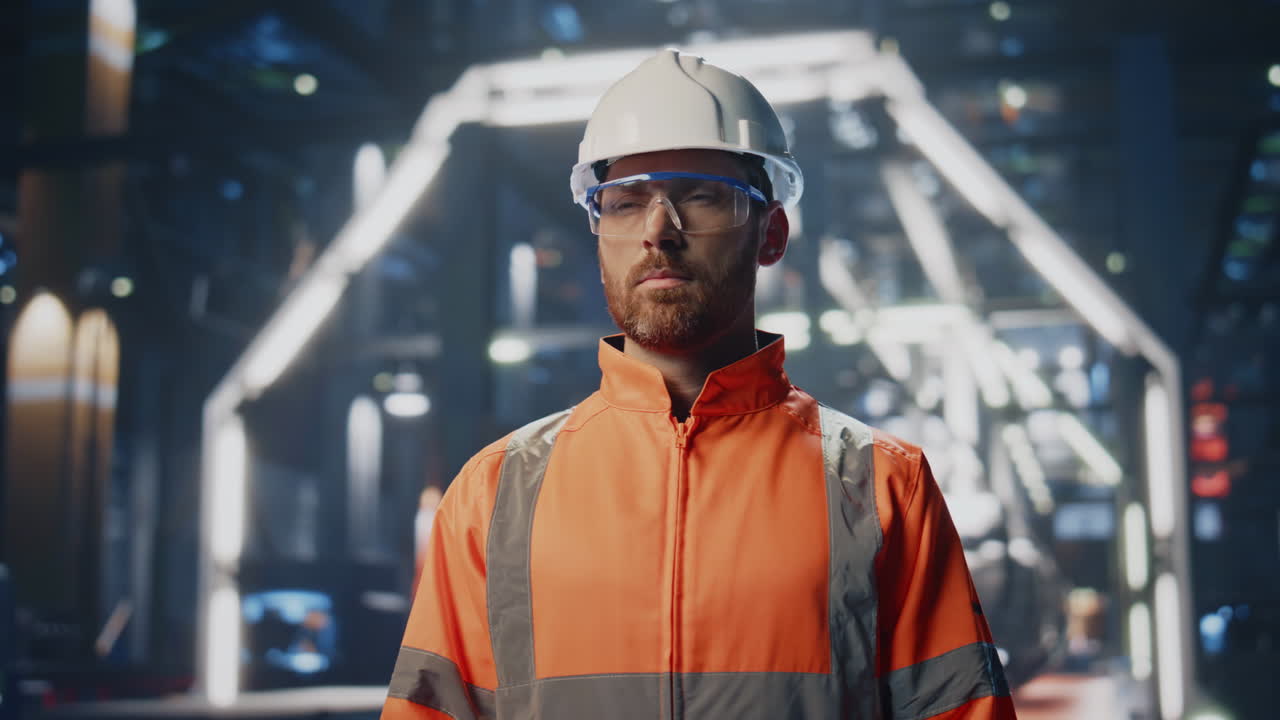 Confident manufacture businessman standing in modern production workshop closeup