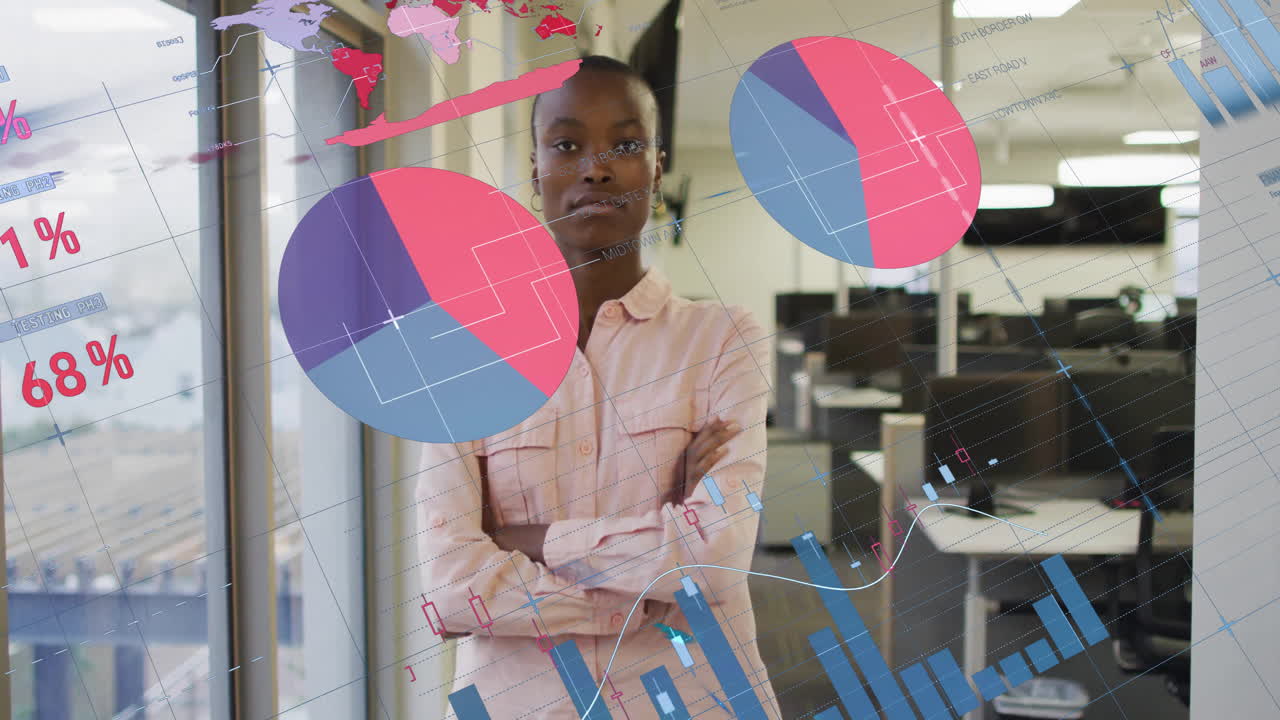 Femme d'affaires utilisant des graphiques circulaires et des graphiques financiers en chandeliers japonais en réalité augmentée dans un bureau paysager