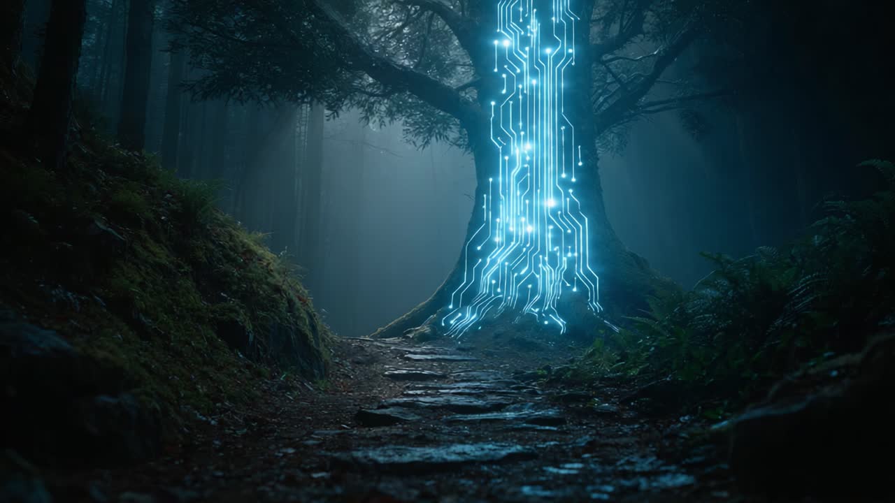 A Persuasive Fusion of Nature and Technology: An Enigmatic Tree Glowing with Circuit Patterns Illuminates a Mystical Forest Pathway