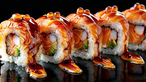 exquisite salmon sushi rolls with savory glaze and roe